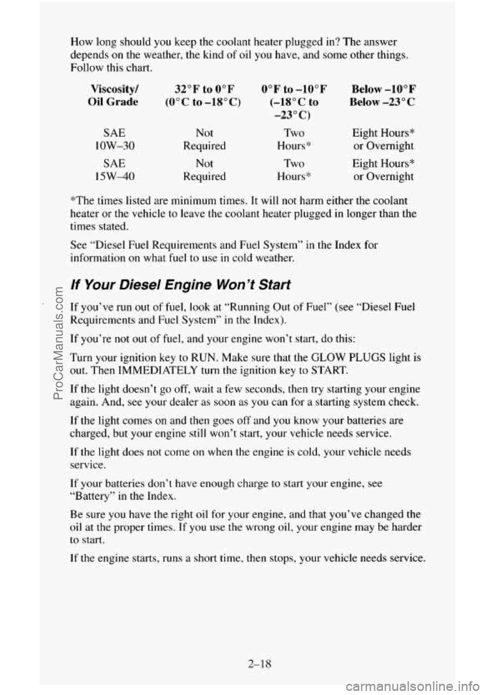 CHEVROLET SUBURBAN 1995 Manual Online How long should  you keep the coolant  heater plugged  in?  The answer 
depends 
on the weather, the kind  of oil you have, and some  other things. 
Follow this  chart. 
Viscosity/ 
Oil  Grade 
SAE 
l