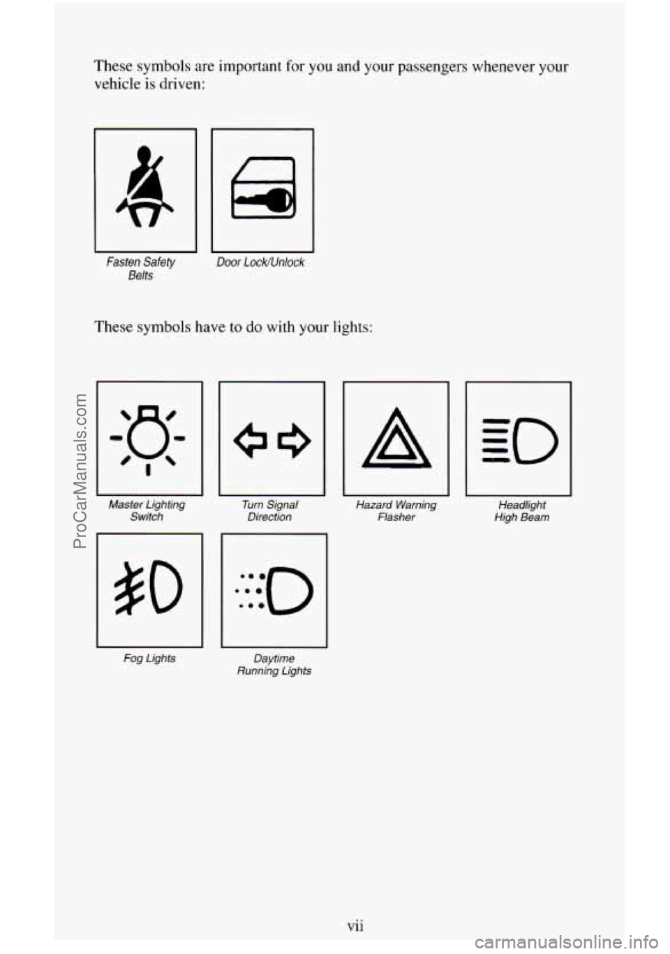 CHEVROLET SUBURBAN 1996 User Guide These symbols  are  important  for  you and your  passengers  whenever your 
vehicle 
is driven: 
Fasten  Safety Door LocWUnlock 
Belts 
These  symbols have to do with your lights: 
Master  Lighting 
