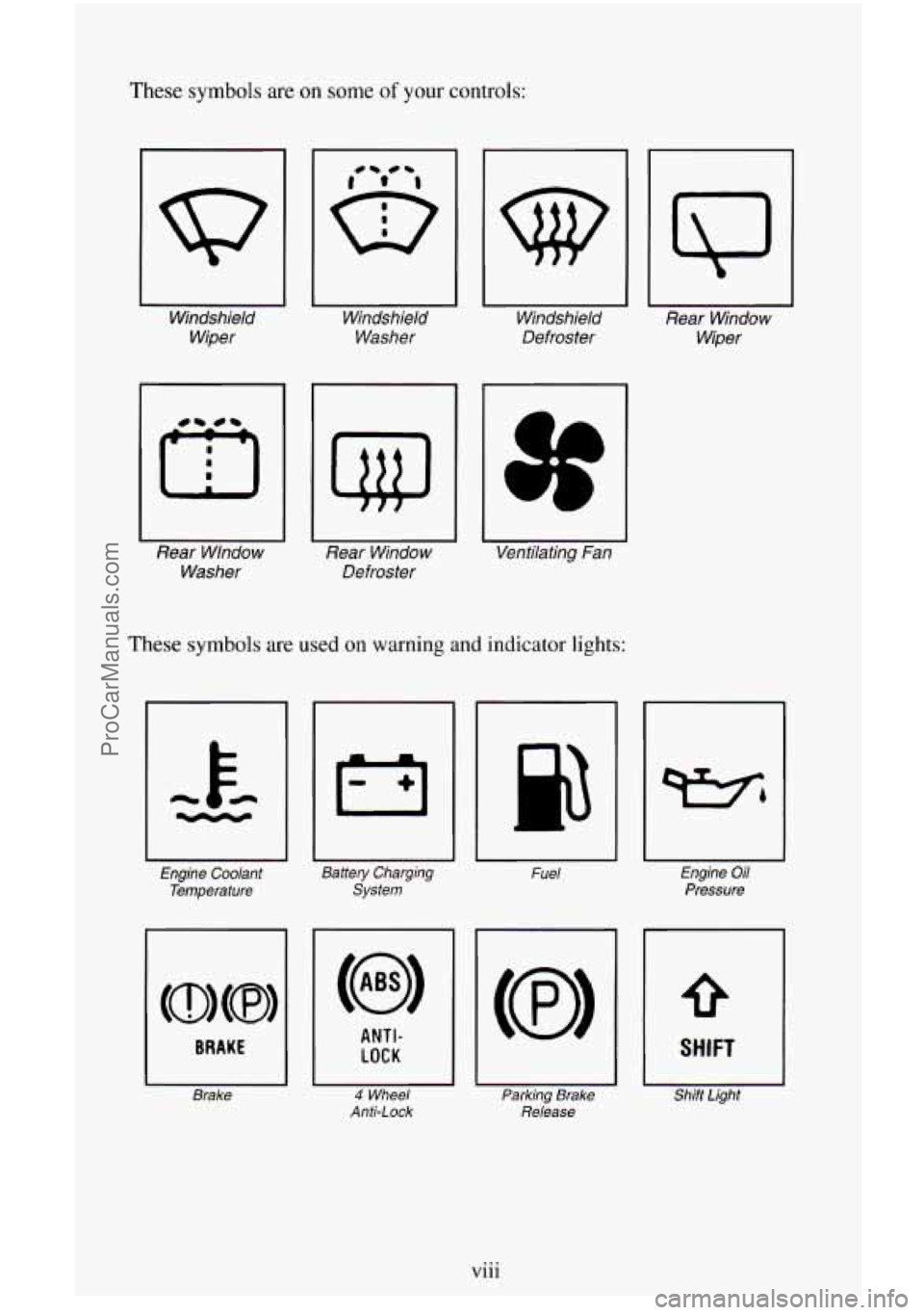 CHEVROLET SUBURBAN 1996  Owners Manual These symbols are on some of your controls: 
I 
Windshield 
Wiper  Windshield 
Washer 
Rear  Wlndow  Washer 
I 
Rear  Window 
Defroster 
w 
I 
Windshield 
Defroster 
U 
Ventilating  Fan 
These symbols