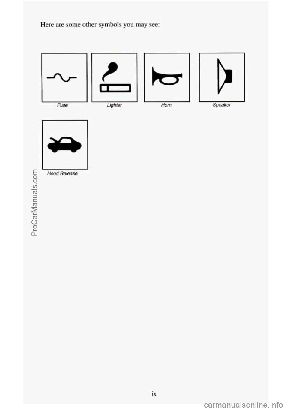 CHEVROLET SUBURBAN 1996 User Guide Here  are some other symbols you  may see: 
H Fuse 
El Hood Release  Lighter 
Horn Er Speaker 
ix 
ProCarManuals.com 