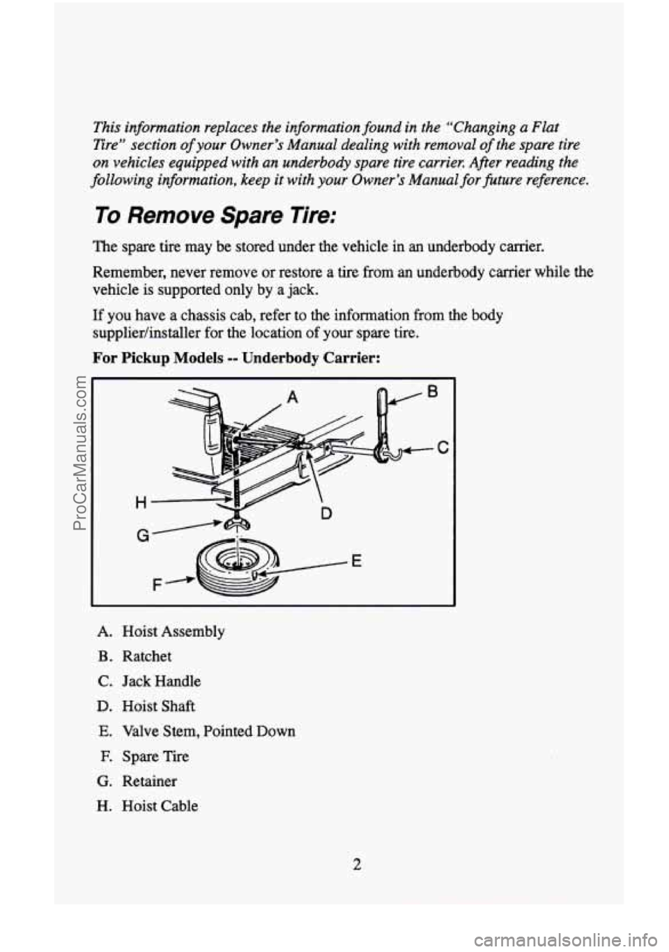 CHEVROLET SUBURBAN 1996  Owners Manual This  information replaces the  information  found in  the  “Changing  a Flat 
Ere”  section 
of your Owner’s  Manual  dealing  with  removal of the  spare  tire 
on vehicles equipped with  an u