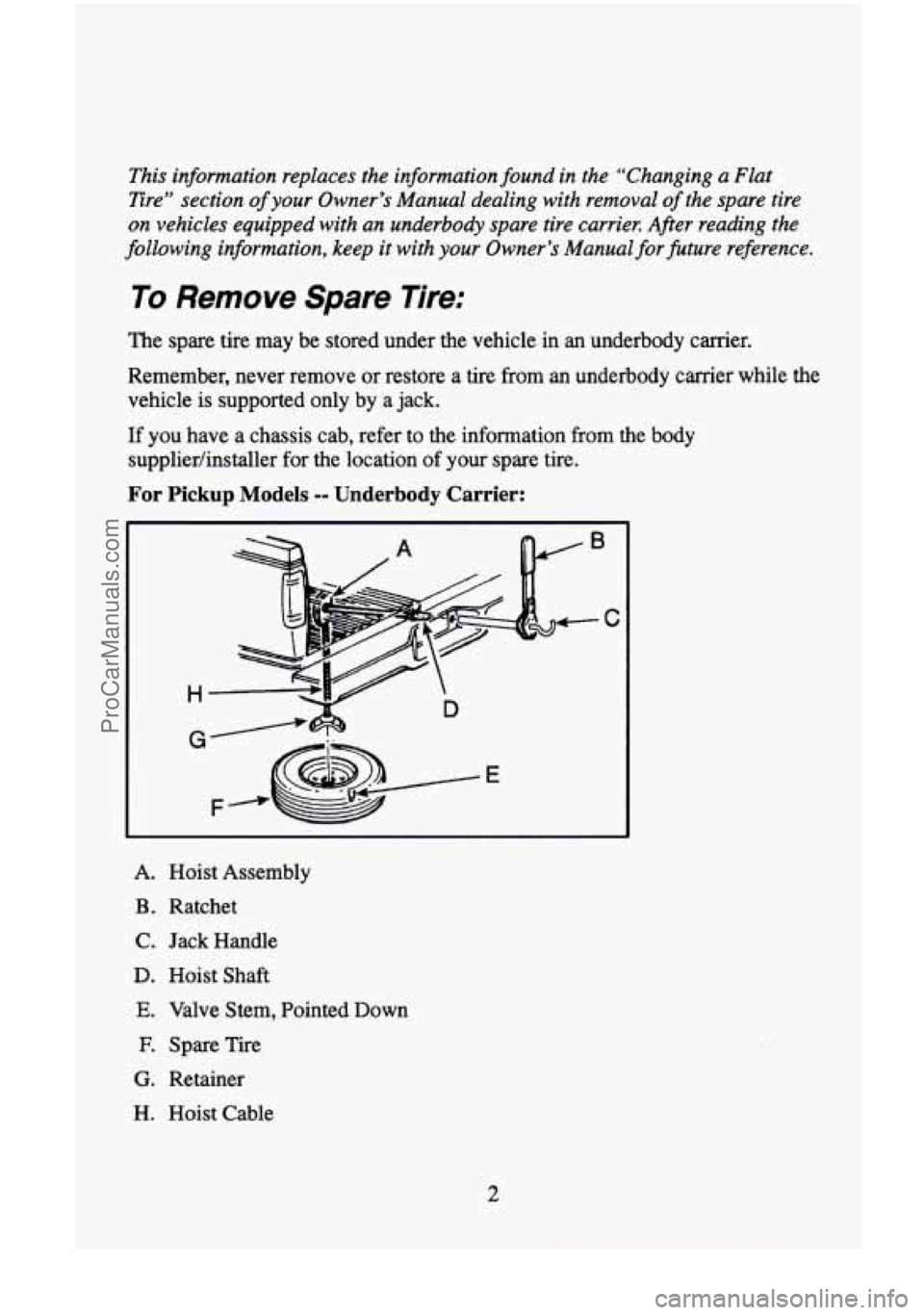 CHEVROLET SUBURBAN 1996 Owners Manual This information replaces the information found in the “Changing a Flat
Ere” section
of your Owner’s Manual dealing with removal of the spare tire
on vehicles equipped with an u CHEVROLET SUBURBAN 1996 Owners Manual This information replaces the information found in the “Changing a Flat
Ere” section
of your Owner’s Manual dealing with removal of the spare tire
on vehicles equipped with an u
