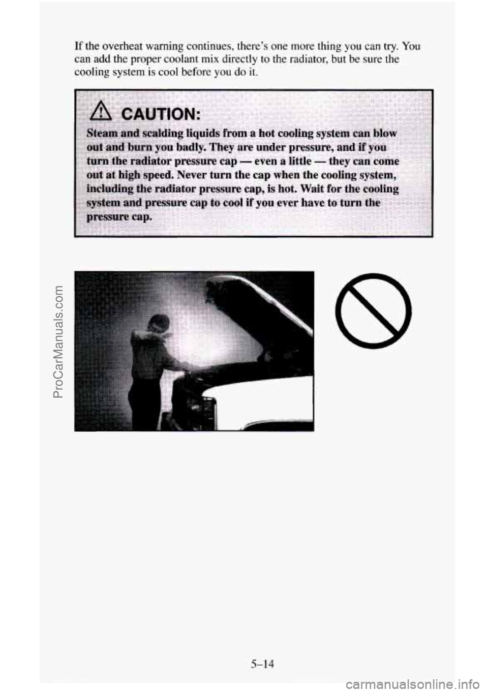 CHEVROLET SUBURBAN 1996  Owners Manual If the overheat  warning continues,  theres one more thing  you can try. You 
can 
add the  proper  coolant  mix directly  to  the radiator, but  be  sure  the 
cooling  system is 
cool before you do