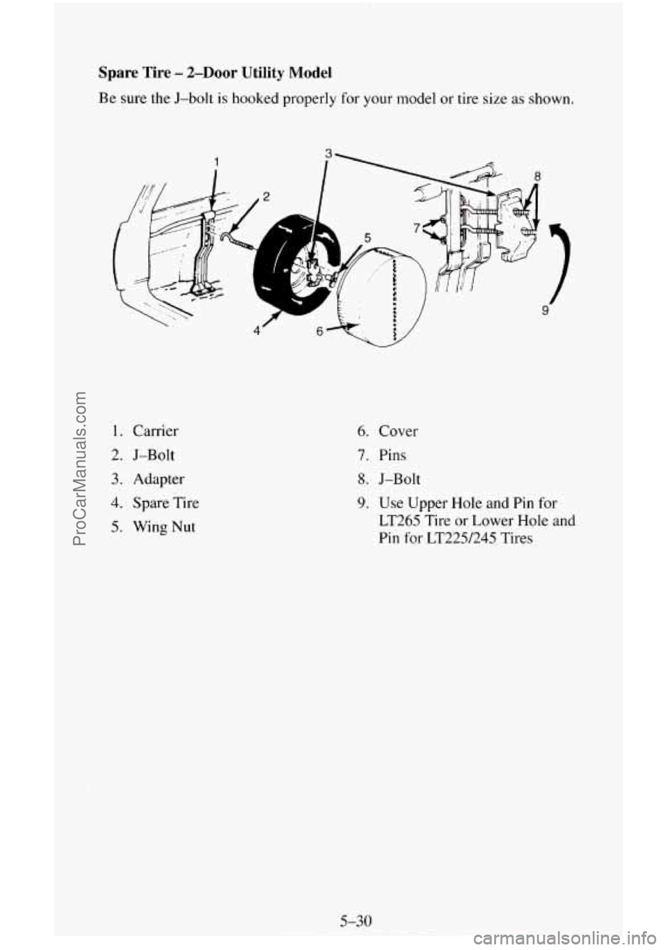 CHEVROLET SUBURBAN 1996  Owners Manual Spare  Tire - 2-Door Utility Model 
Be sure  the J-bolt is hooked  properly  for your  model  or tire size as shown. 
1 
1. Carrier 
2. J-Bolt 
3. Adapter 
4. Spare  Tire 
5. Wing Nut 
4 f 
6. Cover 

