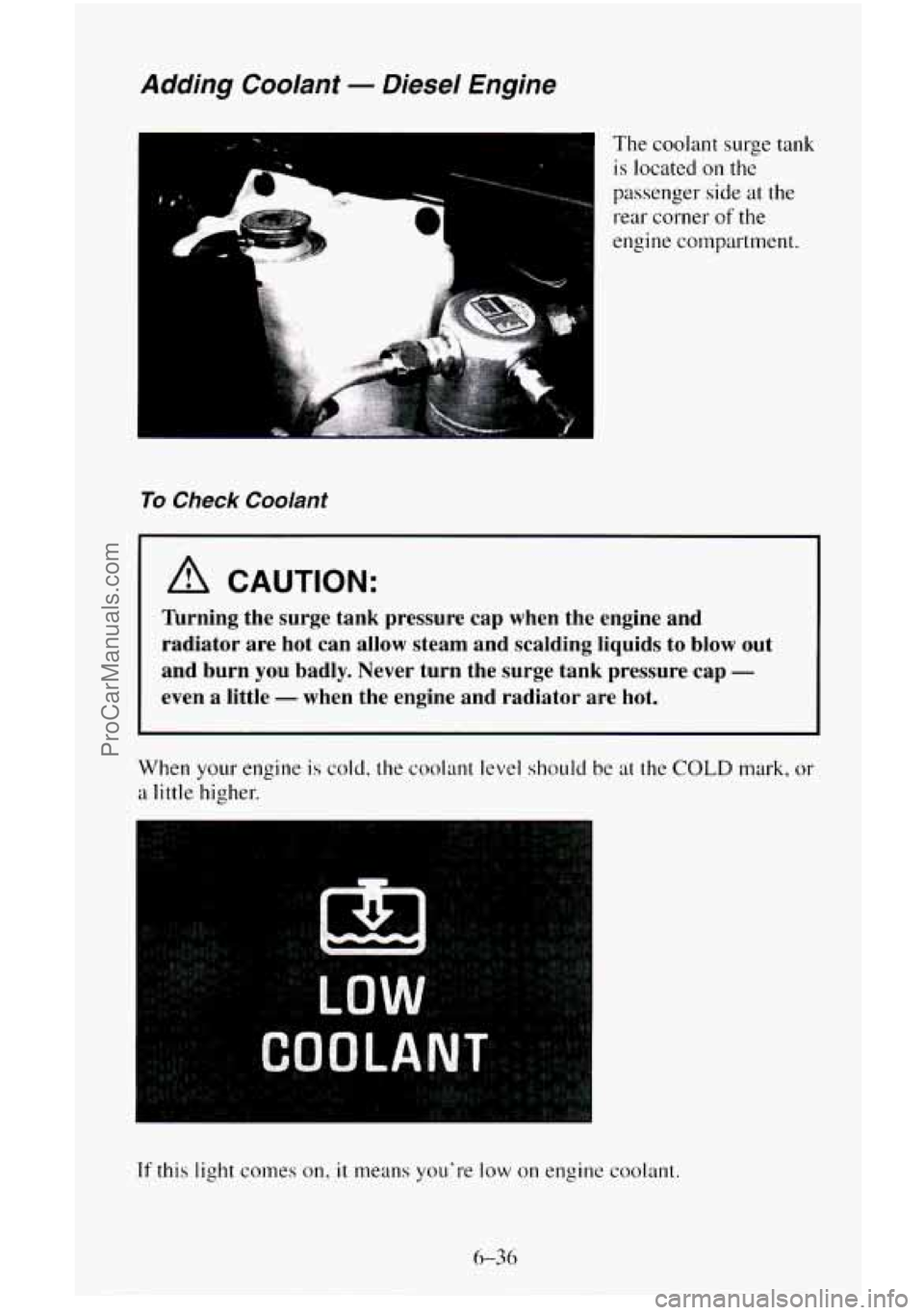 CHEVROLET SUBURBAN 1996  Owners Manual Adding  Coolant - Diesel  Engine 
x " The coolant surge tank is  located  on 
the 
passenger  side at the 
rear corner of the 
engine compartment. 
To Check Coolant 
A CAUTION: 
lbrning  the  surge  t