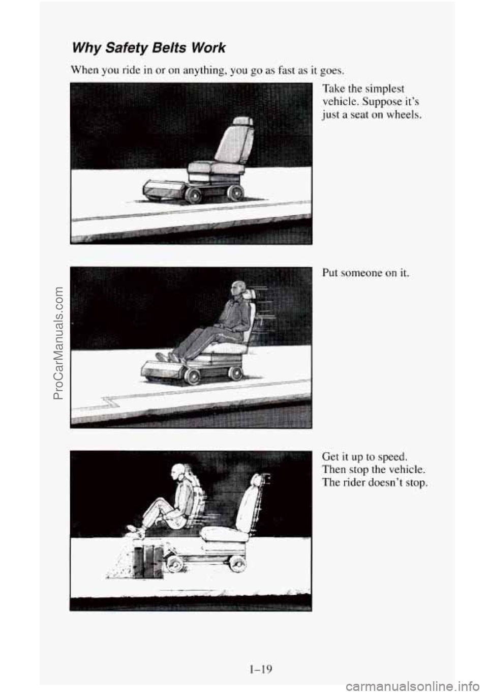 CHEVROLET SUBURBAN 1996  Owners Manual Why  Safety  Belts Work 
When you ride in or on anything, you go as  fast as it goes. 
Take the  simplest 
vehicle.  Suppose  its 
just 
a seat on wheels. 
Put  someone 
on it. 
Get it up to  speed. 