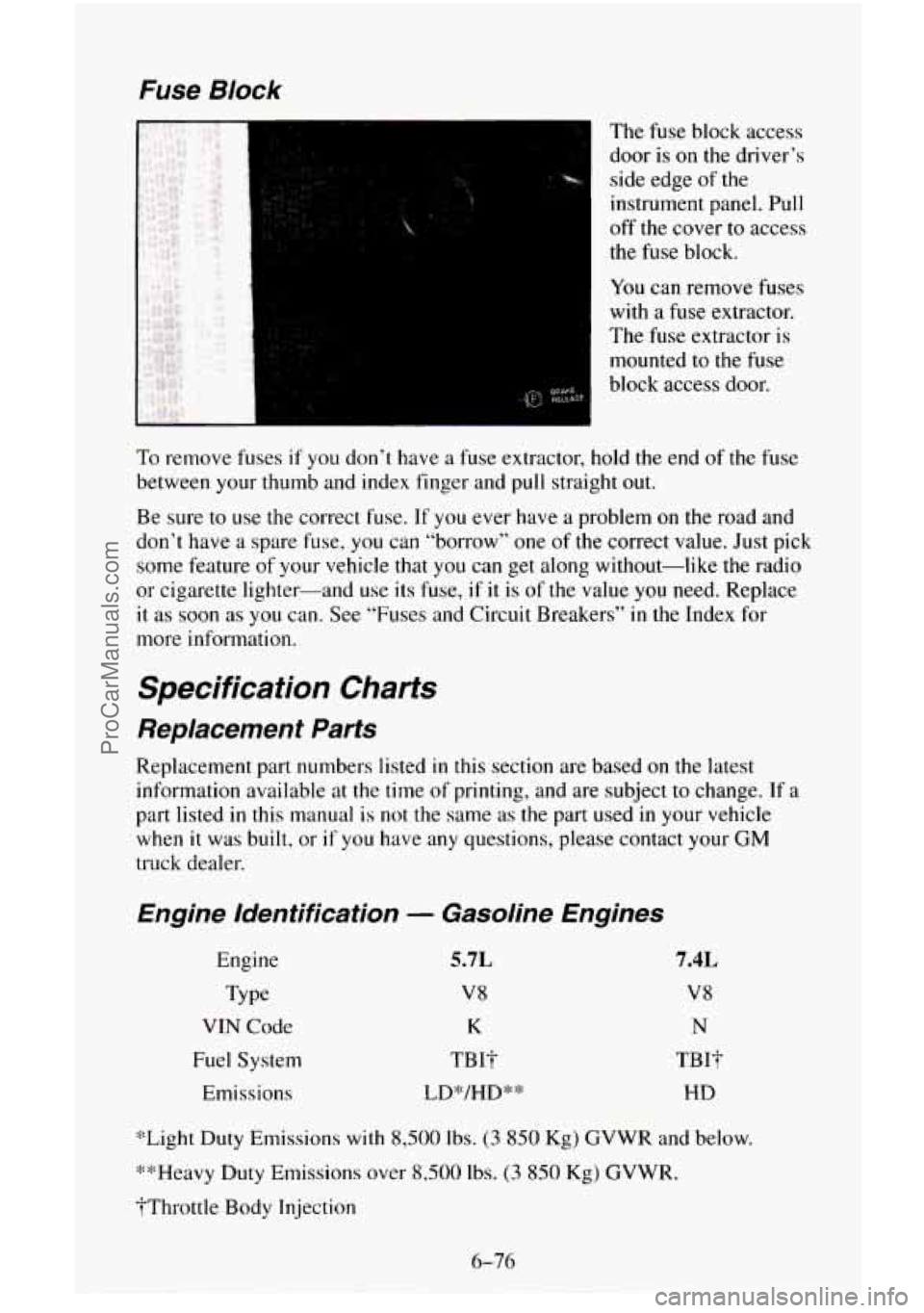 CHEVROLET SUBURBAN 1996 Owners Manual Fuse Block
The fuse block access
door is on the driver’s
side edge
of the
instrument panel. Pull
off the cover to access
the fuse block.
You can remove fuses
with a fuse extractor.
The CHEVROLET SUBURBAN 1996 Owners Manual Fuse Block
The fuse block access
door is on the driver’s
side edge
of the
instrument panel. Pull
off the cover to access
the fuse block.
You can remove fuses
with a fuse extractor.
The