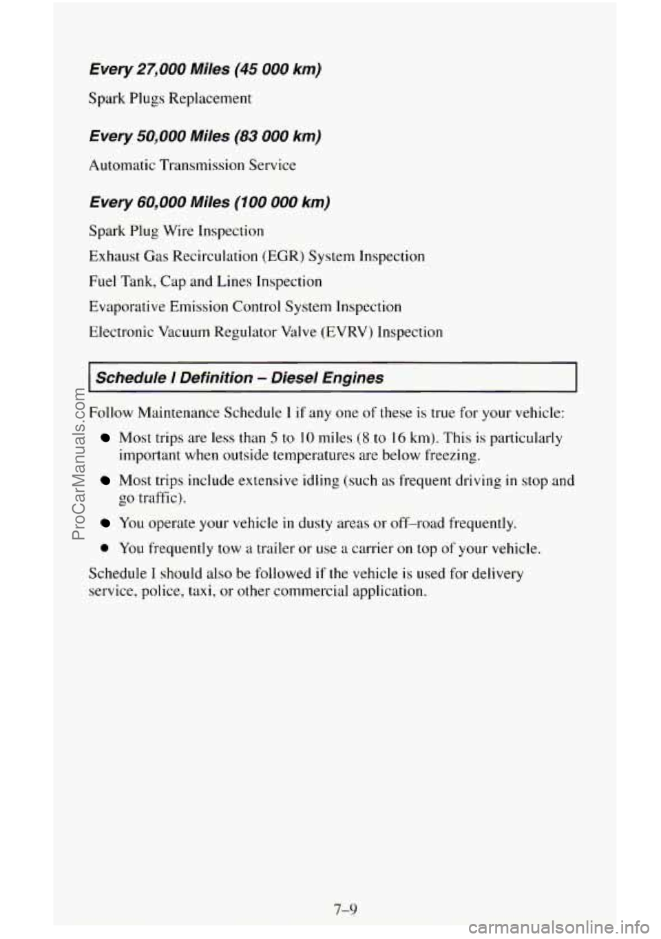 CHEVROLET SUBURBAN 1996  Owners Manual Every 27,000 Miles (45 000 km) 
Spark  Plugs Replacement 
Every 50,000 Miles (83 000 km) 
Automatic Transmission  Service 
Every 60,000 Miles (100 000 km) 
Spark Plug Wire Inspection 
Exhaust  Gas  Re