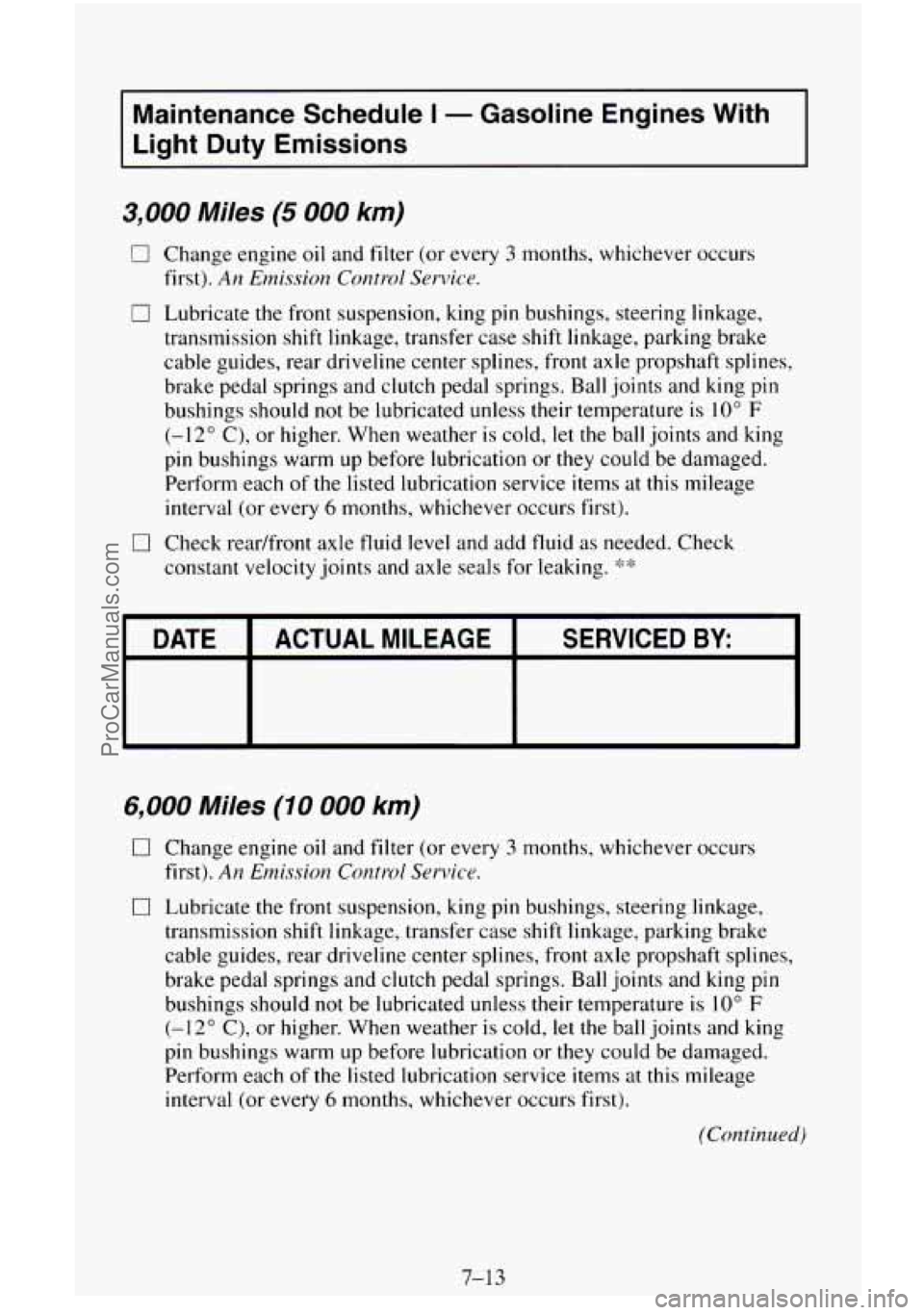 CHEVROLET SUBURBAN 1996  Owners Manual Maintenance  Schedule I - Gasoline  Engines  With 
Light  Duty  Emissions 
3,000 Miles (5 000 km) 
0 Change  engine oil and filter  (or  every 3 months, whichever  occurs 
first). 
An  Emission  Contr