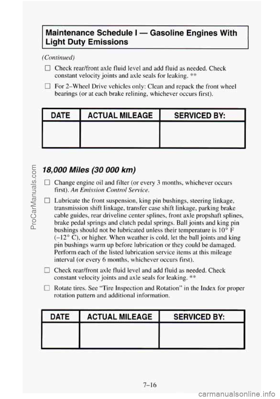 CHEVROLET SUBURBAN 1996  Owners Manual Maintenance  Schedule I - Gasoline  Engines  With 
Light  Duty  Emissions 
(Continued) 
0 Check  readfront  axle  fluid level and add fluid  as needed. Check 
constant  velocity joints and axle  seals