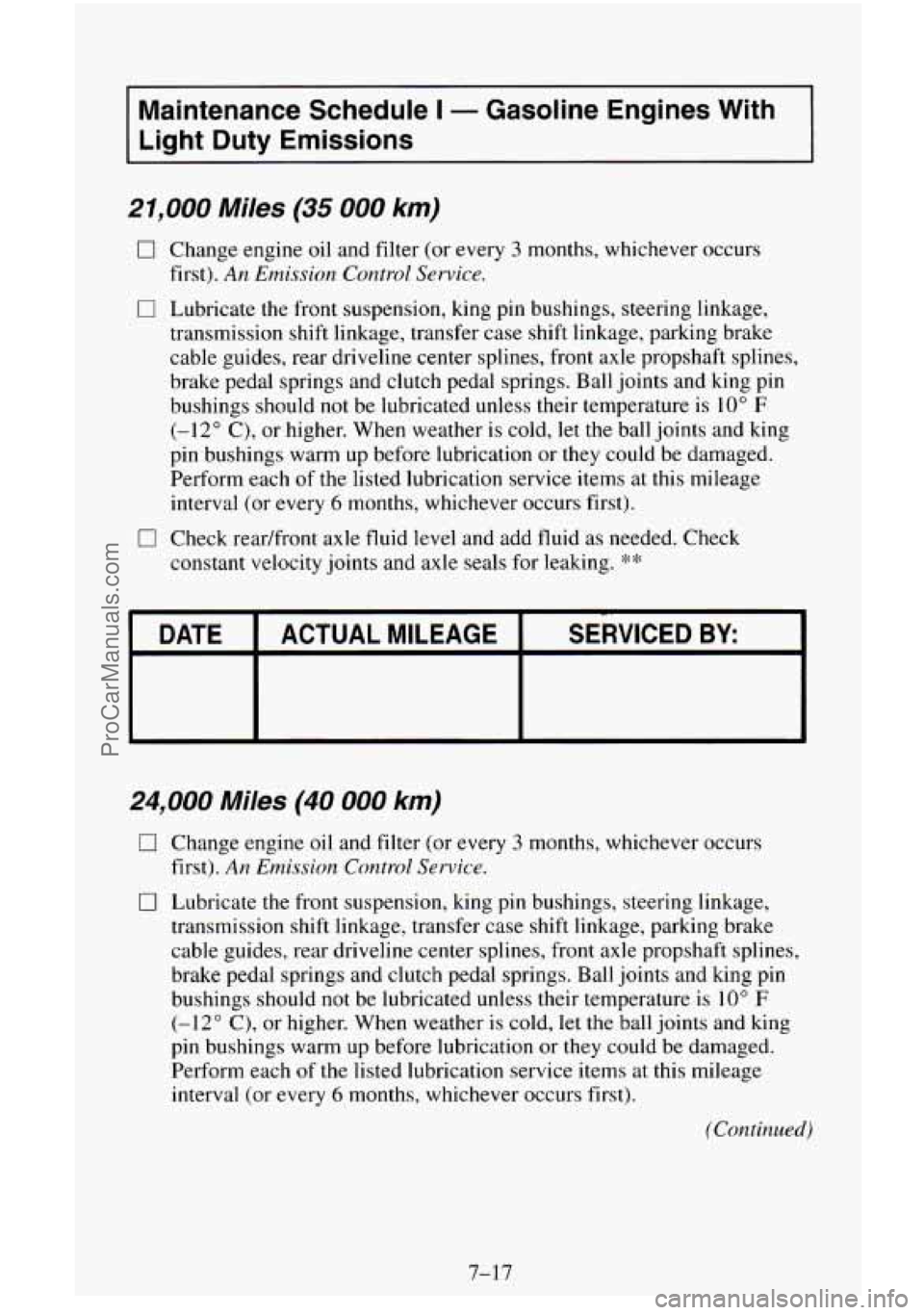 CHEVROLET SUBURBAN 1996  Owners Manual Maintenance Schedule I - Gasoline Engines  With 
Light  Duty  Emissions 
21,000 Miles (35 000 km) 
0 Change  engine  oil and filter  (or  every 3 months, whichever  occurs 
first). 
An Emission  Contr