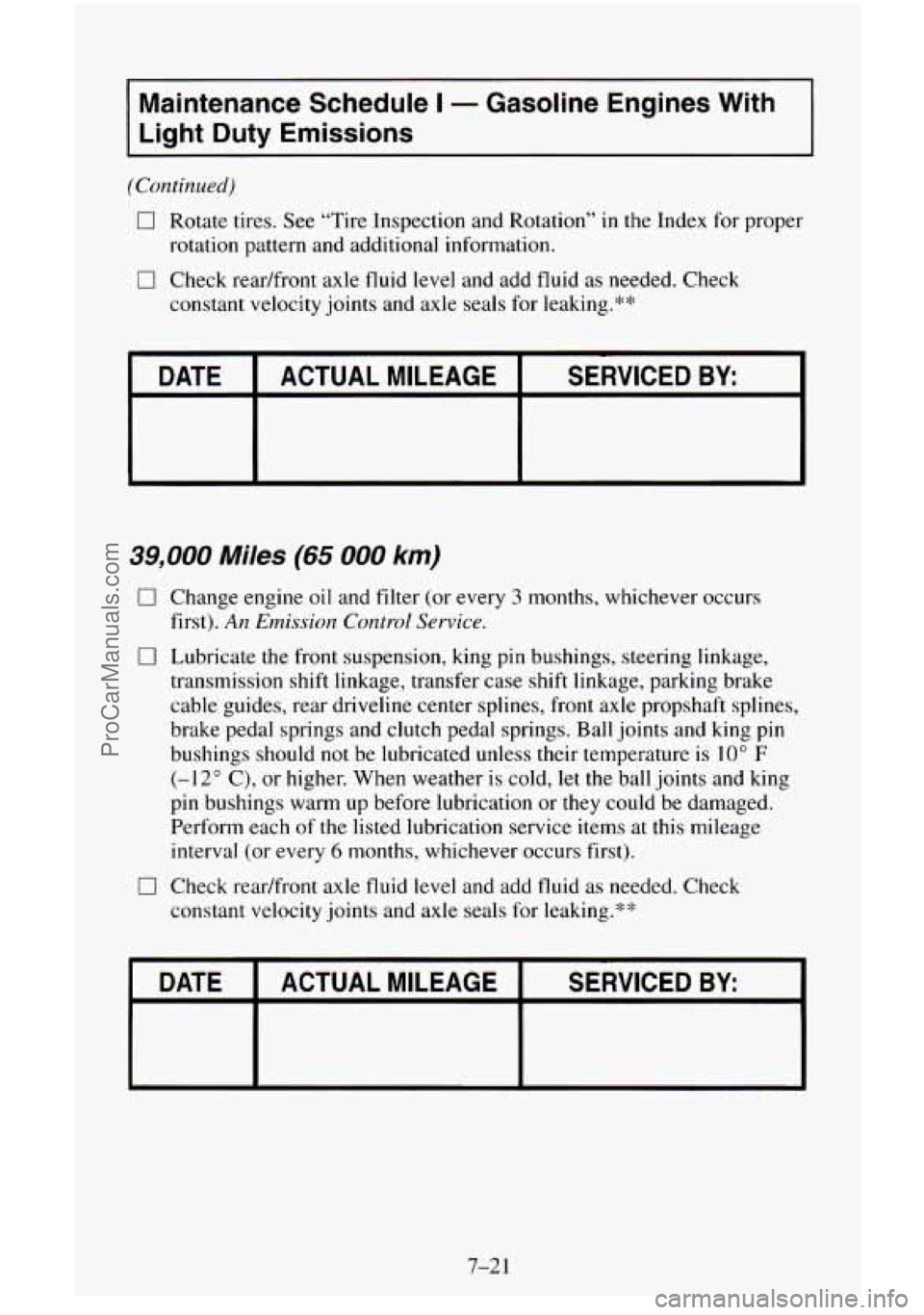 CHEVROLET SUBURBAN 1996  Owners Manual Maintenance Schedule I - Gasoline Engines  With 
Light  Duty  Emissions 
(Continued) 
0 Rotate tires. See "Tire  Inspection and Rotation  in the Index  for proper 
0 Check  readfront  axle  fluid  l