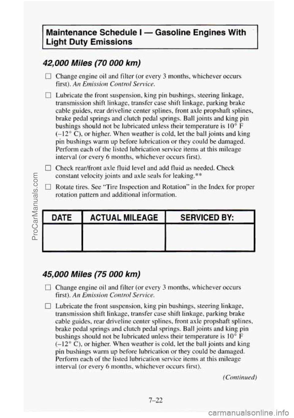 CHEVROLET SUBURBAN 1996  Owners Manual Maintenance  Schedule I - Gasoline  Engines  With  
Light Duty  Emissions 
42,000 Miles (70 000 km) 
0 Change engine oil and filter (or every 3 months, whichever  occurs 
0 Lubricate the front  suspe