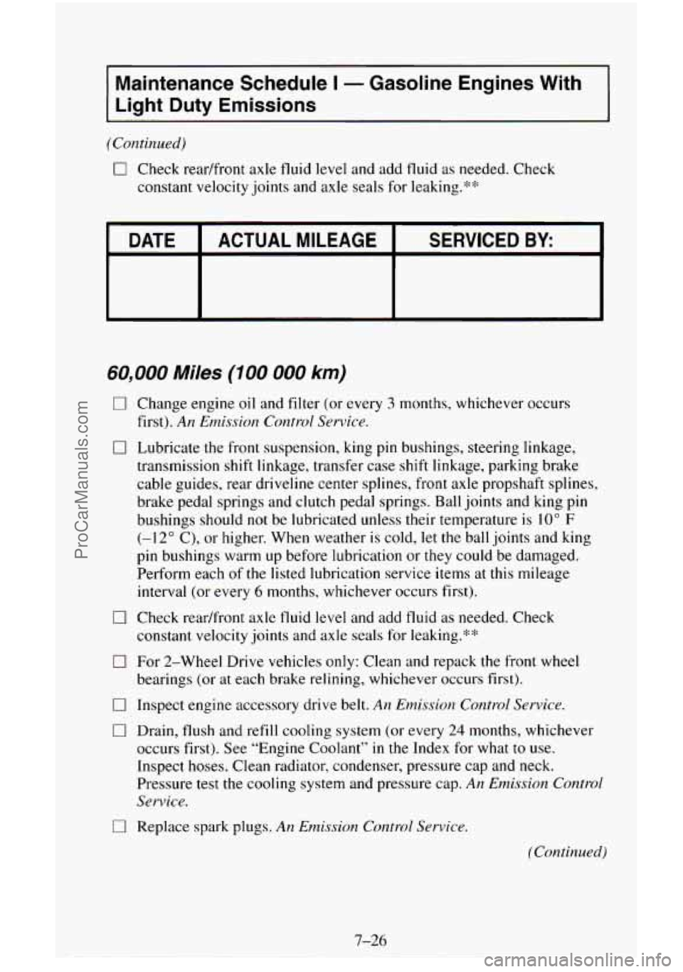 CHEVROLET SUBURBAN 1996  Owners Manual Maintenance  Schedule I - Gasoline  Engines  With 
Light  Duty  Emissions 
(Continued) 
0 Check  readfront  axle  fluid level and add fluid  as needed. Check 
constant velocity  joints and axle  seals