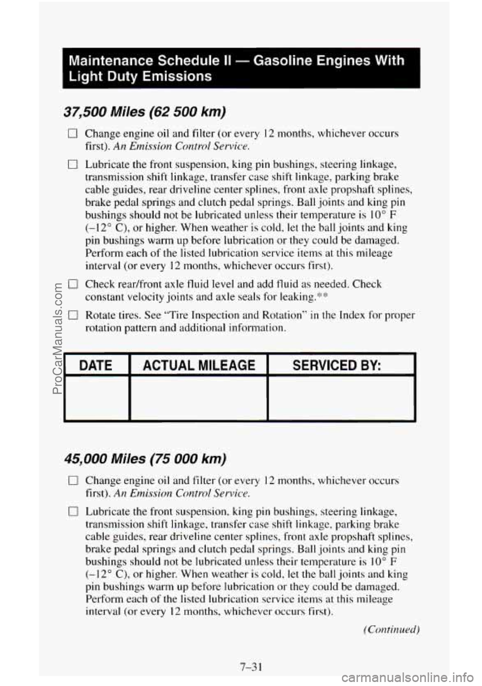 CHEVROLET SUBURBAN 1996  Owners Manual Maintenance Schedule II - Gasoline Engines With 
Light 
Duty Emissions ~ 
~~~  ~~ 
37,500 Miles (62 500 km) 
0 Change  engine 
oil and filter  (or  every 12 months, whichever  occurs 
first). 
An Emis