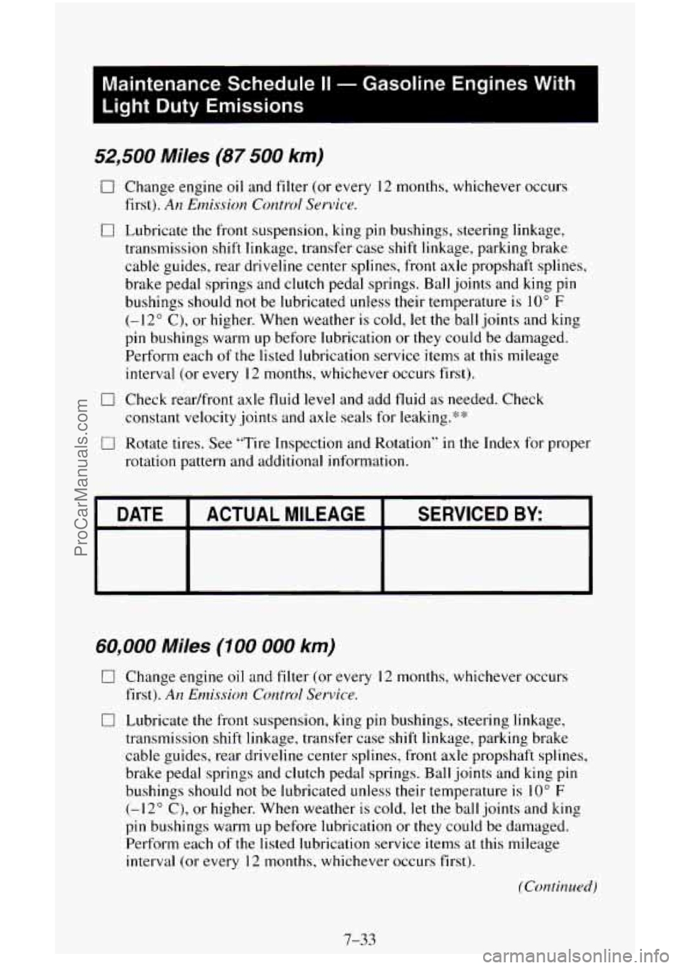 CHEVROLET SUBURBAN 1996  Owners Manual I 
Maintenance  Schedule II - Gasoline  Engines  With 
Light  Duty  Emissions 
I 
52,500 Miles (87 500 km) 
0 Change  engine oil and  filter  (or  every 12 months, whichever  occurs 
first). 
An Emiss