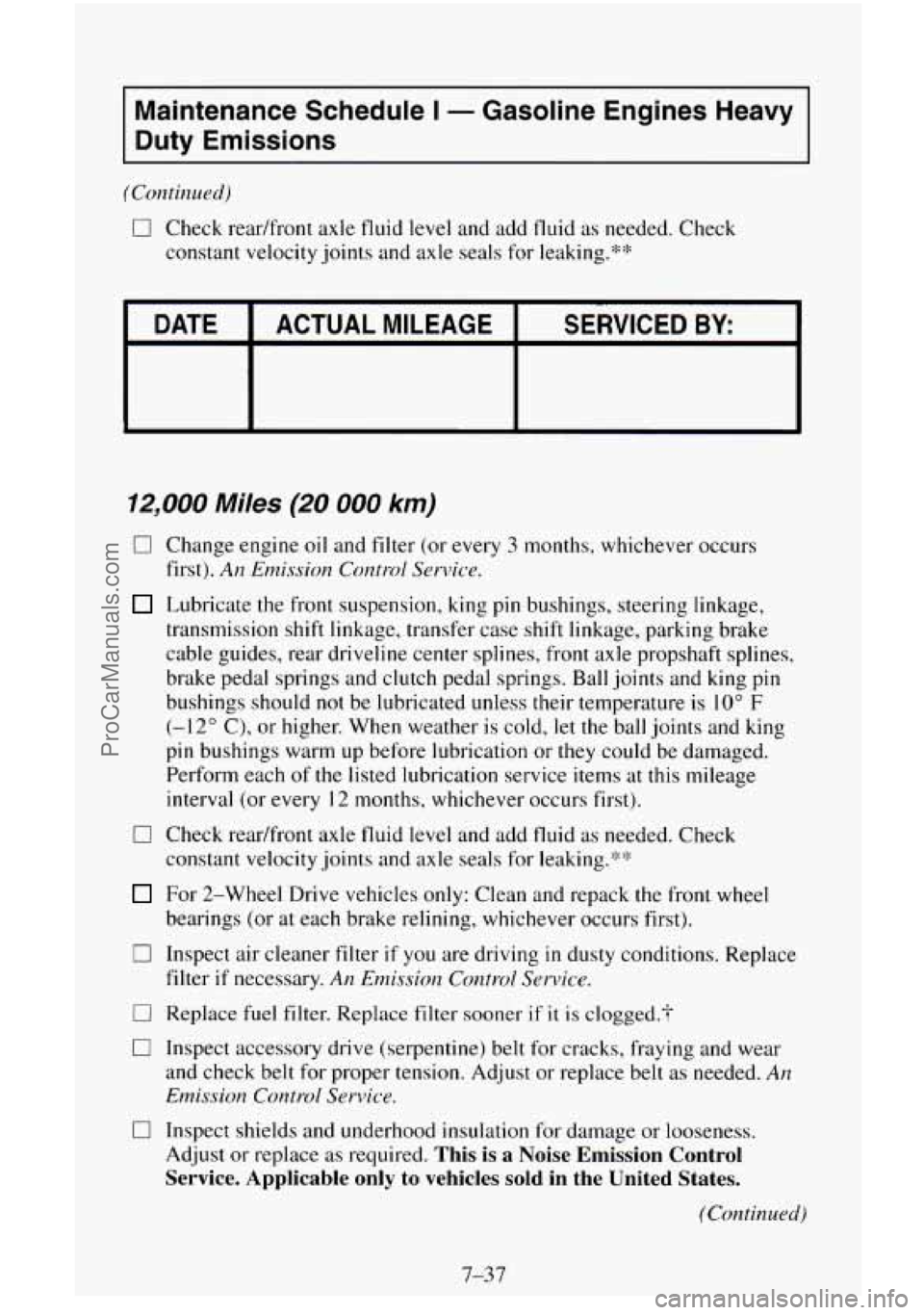 CHEVROLET SUBURBAN 1996  Owners Manual Maintenance  Schedule I - Gasoline  Engines Heavy 
Duty  Emissions 
(Continued) 
0 Check readfront  axle  fluid level and add  fluid as needed. Check 
constant  velocity joints and axle  seals 
for le