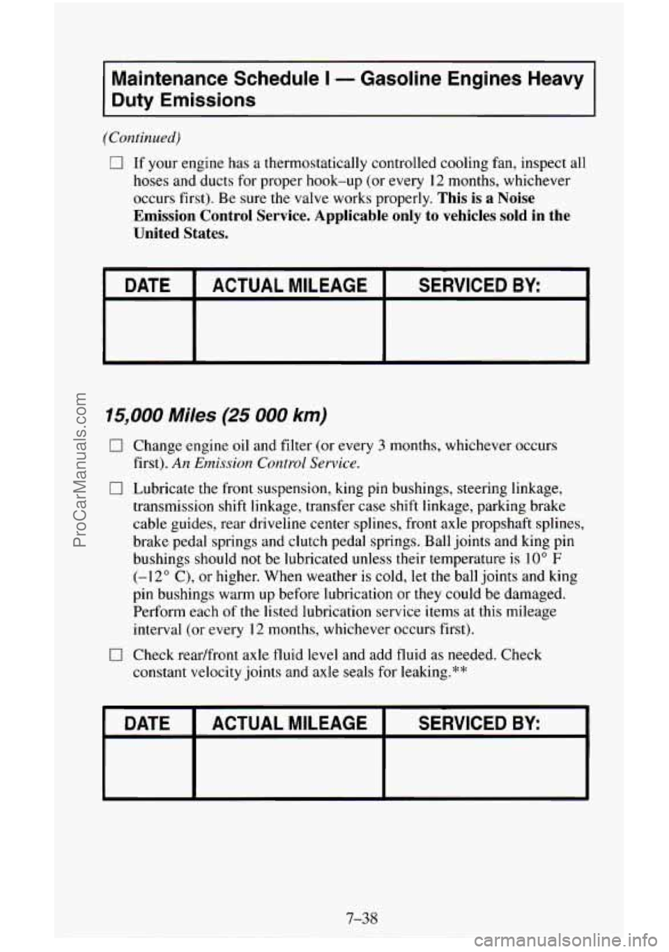 CHEVROLET SUBURBAN 1996  Owners Manual Maintenance  Schedule I - Gasoline  Engines  Heavy 
Duty 
Emissions 
(Continued) 
0 If  your  engine has a thermostatically controlled  cooling  fan,  inspect all 
hoses and  ducts  for proper hook-up