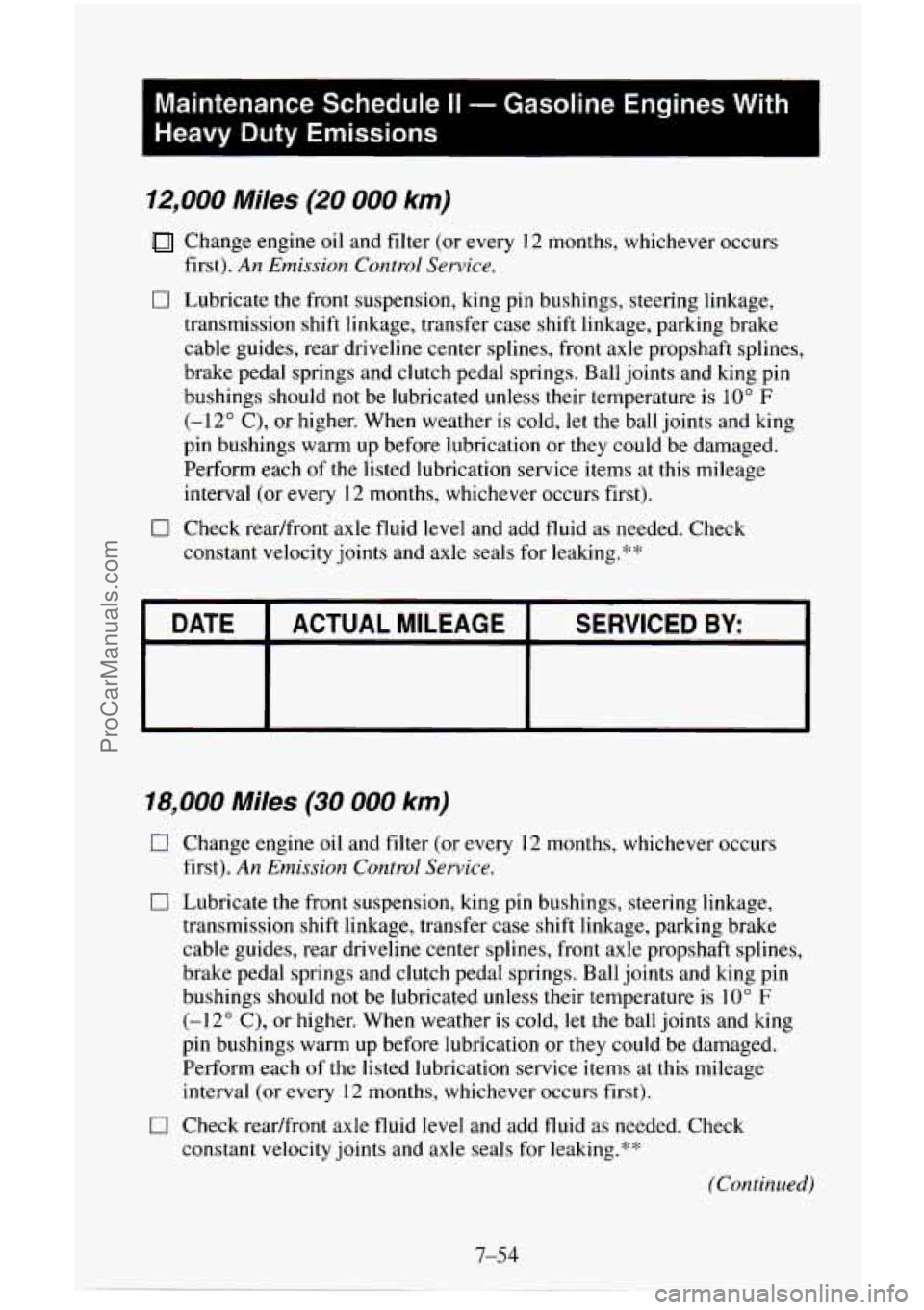 CHEVROLET SUBURBAN 1996  Owners Manual I 
Maintenance  Schedule II - Gasoline  Engines  With 
Heavy 
Duty Emissions 
12,000  Miles (20 000 km) 
Change  engine oil and filter  (or every  12 months, whichever  occurs 
first). 
An  Emission  