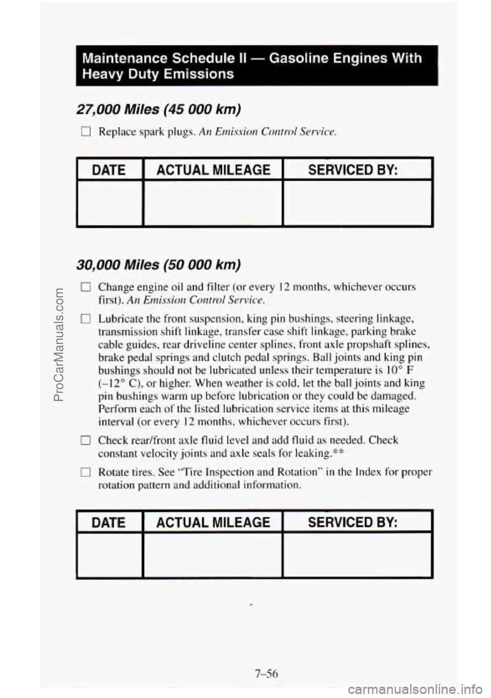 CHEVROLET SUBURBAN 1996  Owners Manual Maintenance  Schedule II - Gasoline  Engines  With 
Heavy Duty Emissions 
27,000 Miles (45 000 km) 
0 Replace spark plugs. An Emission Control Service. 
DATE SERVICED BY: ACTUAL  MILEAGE r 
30,000 Mil