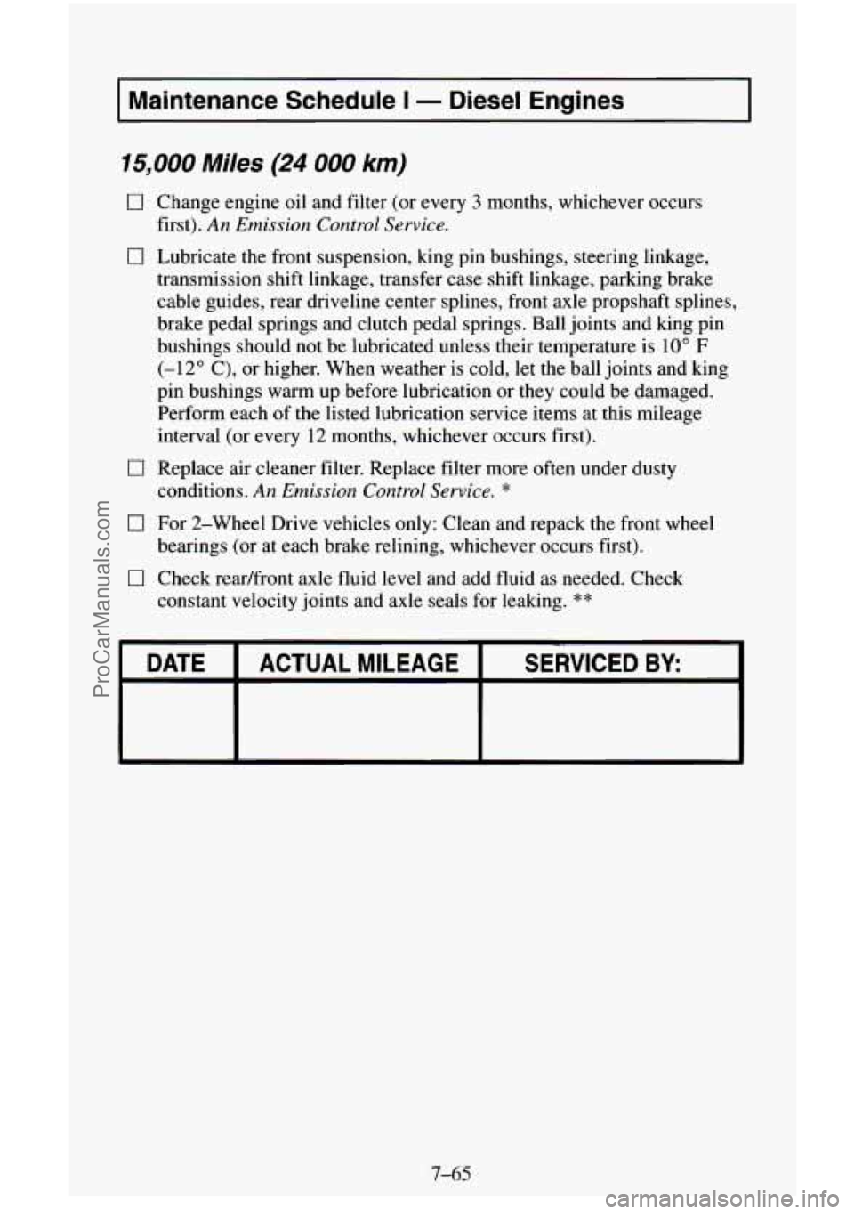 CHEVROLET SUBURBAN 1996 Owners Manual I Maintenance Schedule I - Diesel Engines I
15,000 Miles (24 000 km)
[7 Change engine oil and filter (or every 3 months, whichever occurs
first).
An Emission Control Service.
0 Lubricate CHEVROLET SUBURBAN 1996 Owners Manual I Maintenance Schedule I - Diesel Engines I
15,000 Miles (24 000 km)
[7 Change engine oil and filter (or every 3 months, whichever occurs
first).
An Emission Control Service.
0 Lubricate
