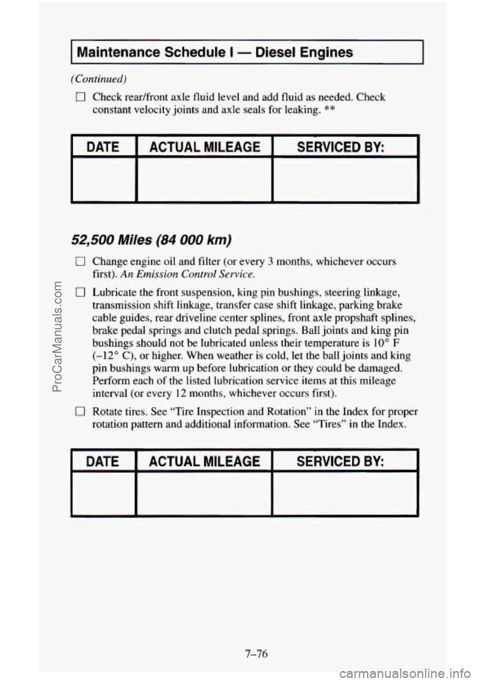 CHEVROLET SUBURBAN 1996  Owners Manual I 
I Maintenance  Schedule I - Diesel  Engines 1 
(Continued) 
0 Check readfront  axle fluid level and add fluid  as needed.  Check 
constant velocity  joints and axle seals for leaking. 
** 
DATE  SE
