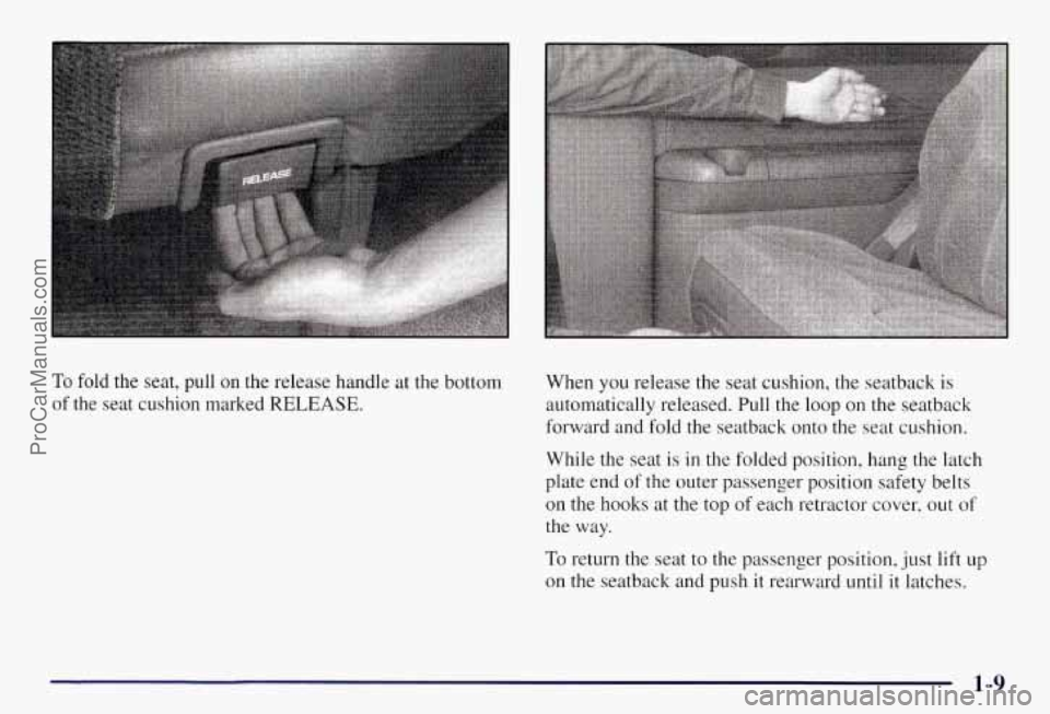 CHEVROLET SUBURBAN 1997 User Guide To fold the seat, pull on the release handle at the bottom
of the seat cushion marked
RELEASE.
When you release the seat cushion, the seatback is
automatically released. Pull the loop on t CHEVROLET SUBURBAN 1997 User Guide To fold the seat, pull on the release handle at the bottom
of the seat cushion marked
RELEASE.
When you release the seat cushion, the seatback is
automatically released. Pull the loop on t