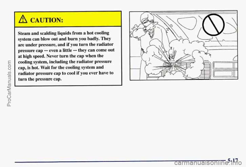 CHEVROLET SUBURBAN 1997 Owners Manual A CAUTION:
Steam and scalding liquids from a hot cooling
system can blow out and burn you badly. They
are under pressure, and
if you turn the radiator
pressure cap
-- even a little - CHEVROLET SUBURBAN 1997 Owners Manual A CAUTION:
Steam and scalding liquids from a hot cooling
system can blow out and burn you badly. They
are under pressure, and
if you turn the radiator
pressure cap
-- even a little -