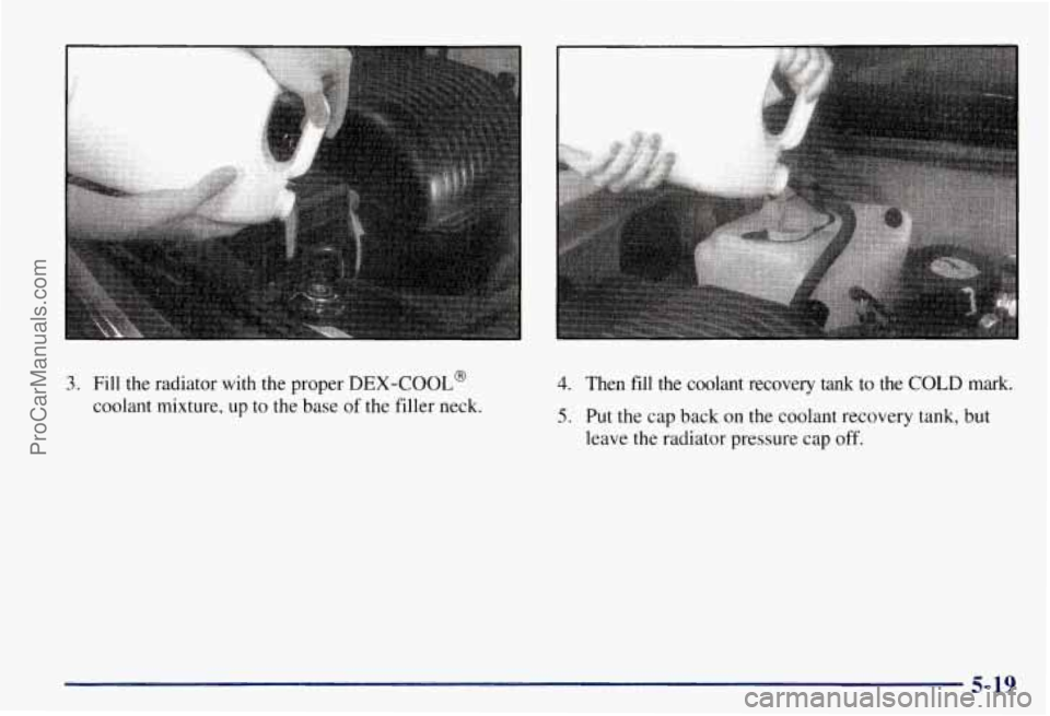 CHEVROLET SUBURBAN 1997 Owners Manual 3. Fill the radiator with the proper DEX-COOL@
coolant mixture, up to the base of the filler neck.
4. Then fill the coolant recovery tank to the COLD mark.
5.
Put the cap back on the coolan CHEVROLET SUBURBAN 1997 Owners Manual 3. Fill the radiator with the proper DEX-COOL@
coolant mixture, up to the base of the filler neck.
4. Then fill the coolant recovery tank to the COLD mark.
5.
Put the cap back on the coolan