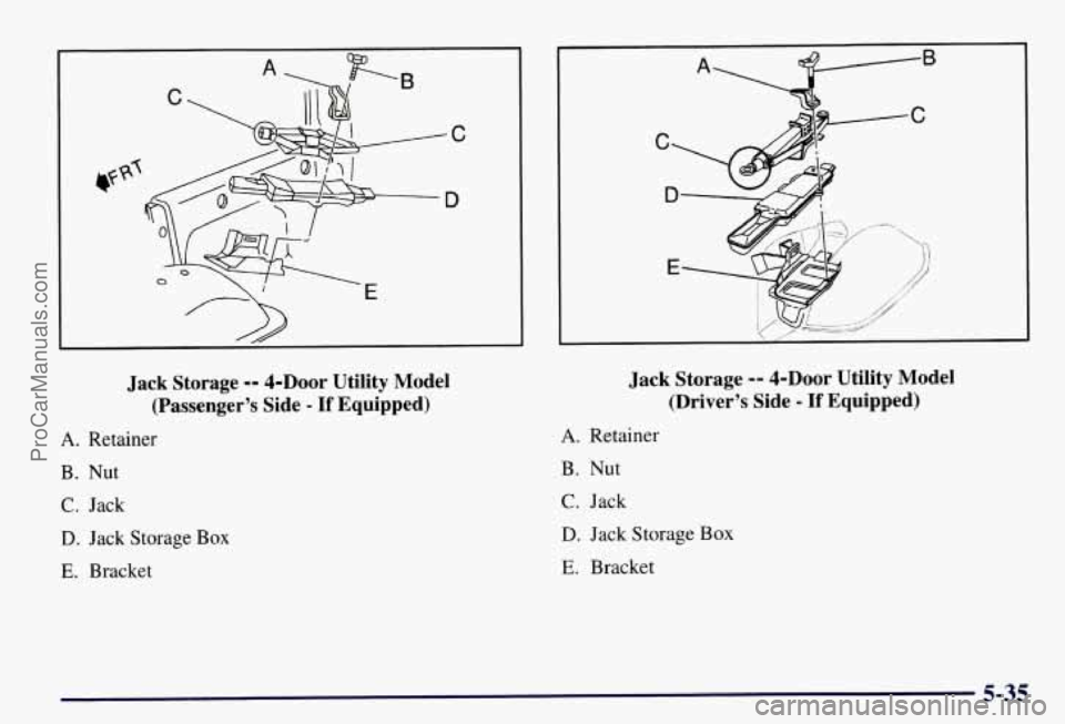 CHEVROLET SUBURBAN 1997  Owners Manual L 
Jack  Storage -- 4-DOOr Utility  Model 
(Passenger’s  Side 
- If Equipped) 
A. Retainer 
B.  Nut 
C. Jack 
D. Jack Storage  Box 
E. Bracket 
Jack  Storage -- 4-DOOr Utility  Model 
(Driver’s  S