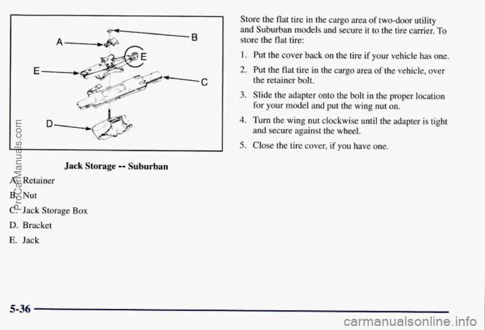 CHEVROLET SUBURBAN 1997  Owners Manual A B 
n 
C 
Jack  Storage -- Suburban 
A. Retainer 
B. Nut 
C.  Jack  Storage 
Box 
D. Bracket 
E. Jack  Store 
the flat  tire  in  the cargo area  of two-door  utility 
and  Suburban  models and secur