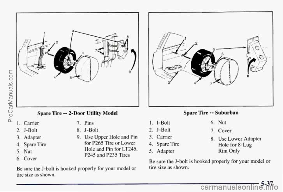 CHEVROLET SUBURBAN 1997  Owners Manual Spare  Tire -- 2-Door Utility  Model 
1. Carrier 
2.  J-Bolt 7. Pins 
8. J-Bolt 
3.  Adapter 
4. Spare  Tire 
5.  Nut 
6. Cover 
9. Use  Upper  Hole and Pin 
for  P265  Tire  or  Lower 
Hole  and Pin 