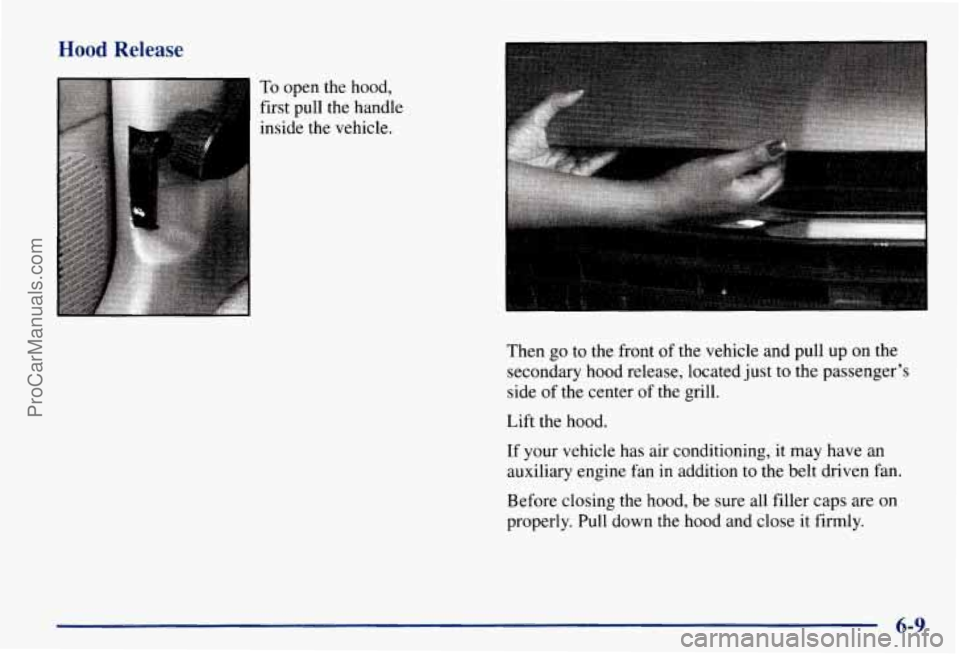 CHEVROLET SUBURBAN 1997 Owners Manual Hood Release
To open the hood,
first pull the handle
inside the vehicle.
I
Then go to the front of the vehicle and pull up on the
secondary
hood release, located just to the passenger’s CHEVROLET SUBURBAN 1997 Owners Manual Hood Release
To open the hood,
first pull the handle
inside the vehicle.
I
Then go to the front of the vehicle and pull up on the
secondary
hood release, located just to the passenger’s