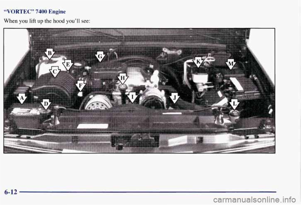CHEVROLET SUBURBAN 1997 Owners Manual “VORTEC” 7400 Engine
When you lift up the hood you’ 11 see:
K
6-12
ProCarManuals.com CHEVROLET SUBURBAN 1997 Owners Manual “VORTEC” 7400 Engine
When you lift up the hood you’ 11 see:
K
6-12
ProCarManuals.com