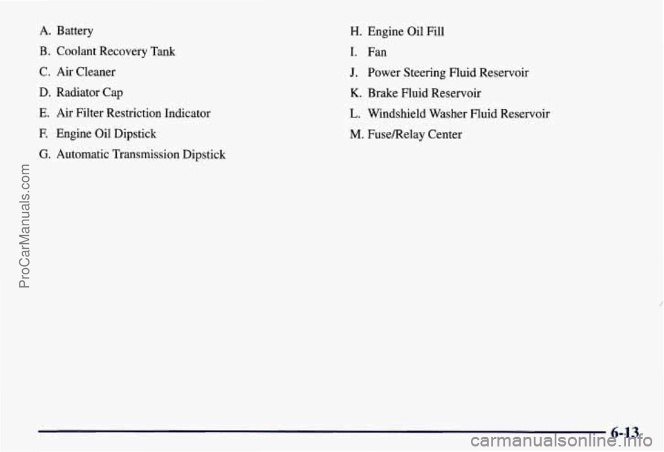 CHEVROLET SUBURBAN 1997 Owners Manual A. Battery
B. Coolant Recovery Tank
C.
Air Cleaner
D. Radiator Cap
E. Air Filter Restriction Indicator
F. Engine Oil Dipstick
G. Automatic Transmission Dipstick
H. Engine Oil Fill
I. CHEVROLET SUBURBAN 1997 Owners Manual A. Battery
B. Coolant Recovery Tank
C.
Air Cleaner
D. Radiator Cap
E. Air Filter Restriction Indicator
F. Engine Oil Dipstick
G. Automatic Transmission Dipstick
H. Engine Oil Fill
I.