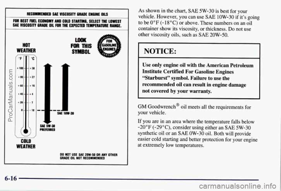CHEVROLET SUBURBAN 1997 Owners Manual RECOMMENDED SAL VISCOSITY GRADE ENGINE OllS
FOR BEST FUEL ECONOMY AND COLD STARTING, SELECT THE LOWEST
SAL WSCOS171 GRADE 011 FOR THE EXPECTED TEMPERATURE RANGE.
HOT
WEATHER
iI I- CHEVROLET SUBURBAN 1997 Owners Manual RECOMMENDED SAL VISCOSITY GRADE ENGINE OllS
FOR BEST FUEL ECONOMY AND COLD STARTING, SELECT THE LOWEST
SAL WSCOS171 GRADE 011 FOR THE EXPECTED TEMPERATURE RANGE.
HOT
WEATHER
iI I-