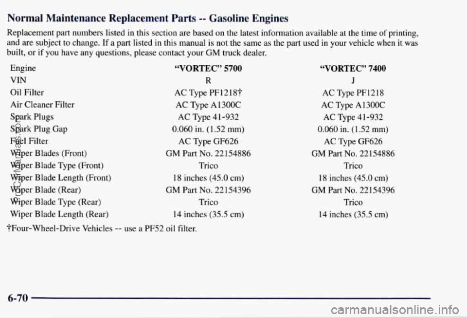 CHEVROLET SUBURBAN 1997  Owners Manual Normal  Maintenance  Replacement  Parts -- Gasoline  Engines 
Replacement part numbers  listed in this section  are based  on  the  latest information  available at the time  of printing, 
and  are su