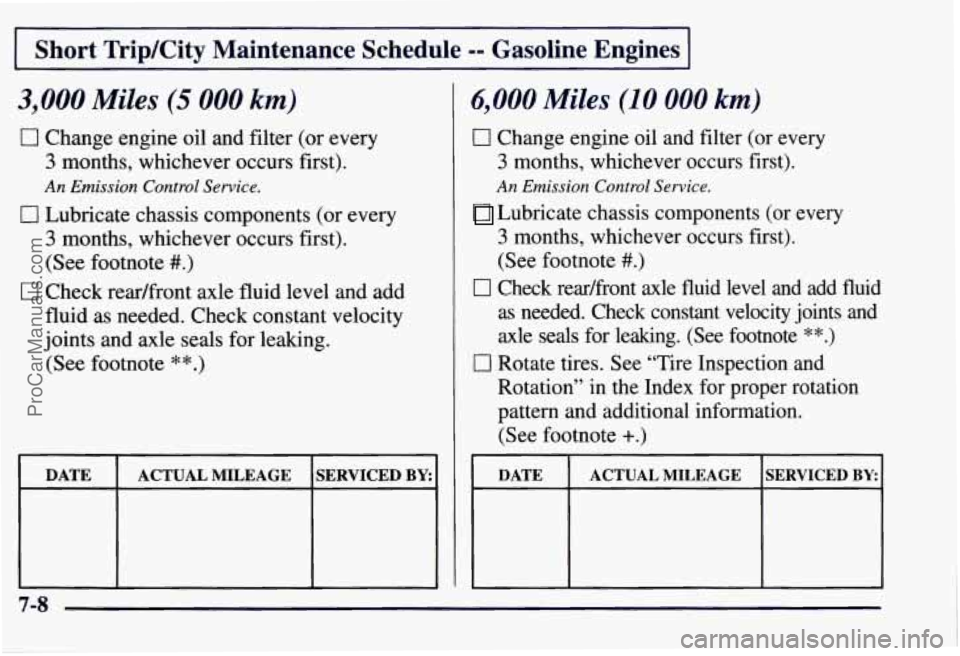 CHEVROLET SUBURBAN 1997  Owners Manual Short TripKity  Maintenance  Schedule -0 Gasoline  Engines 
3,000 Miles (5 000 km) 
0 Change engine oil  and filter (or every 
3 months, whichever occurs first). 
An Emission  Control Service. 
0 Lubr