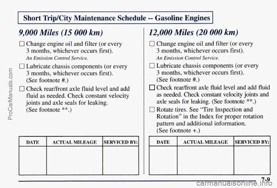 CHEVROLET SUBURBAN 1997  Owners Manual Short  Trip/City  Maintenance  Schedule -- Gasoline  Engines 
9,000 Miles (15 000 km) 
0 Change engine oil  and filter (or every 
3 months,  whichever  occurs first). 
An Emission Control Service. 
0 
