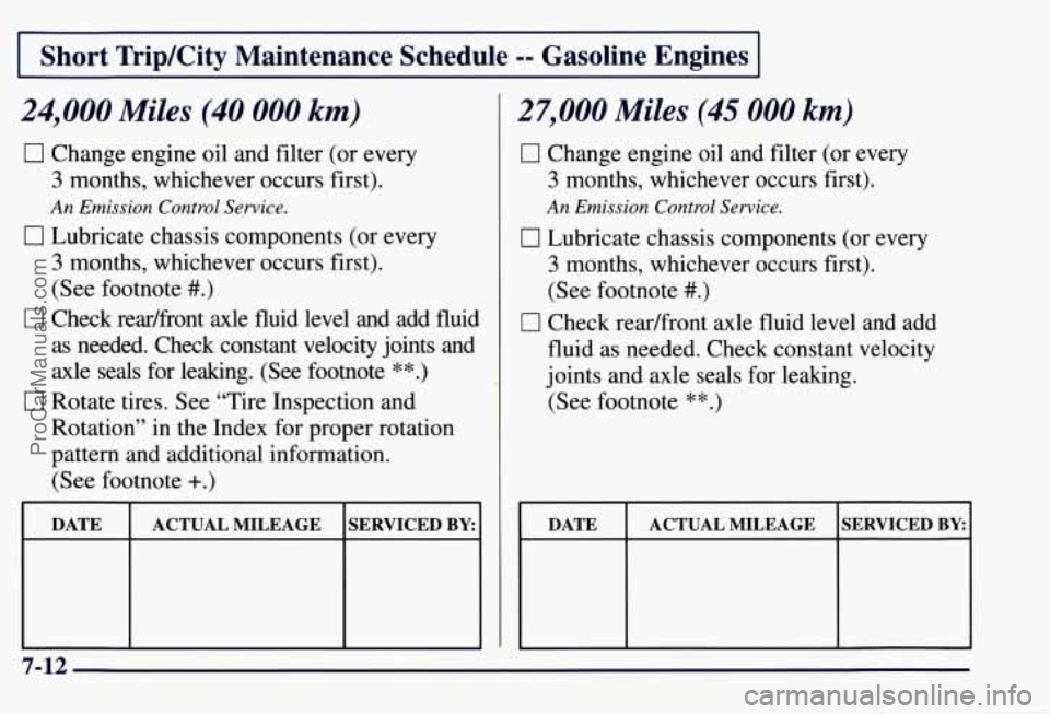 CHEVROLET SUBURBAN 1997  Owners Manual I Short Trip/City  Maintenance  Schedule -- Gasoline  Engines I 
24,000 Miles (40 000 km) 
0 Change engine oil and filter (or every 
3 months,  whichever  occurs first). 
An Emission Control  Service.