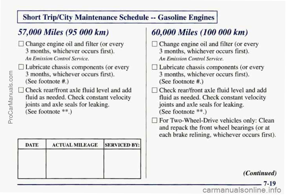 CHEVROLET SUBURBAN 1997  Owners Manual I Short  Trip/Cit_v  Maintenance  Schedule -- Gasoline  Engines I 
57,000 Miles (95 000 km) 
0 Change  engine oil and  filter (or  every 
3 months,  whichever  occurs first). 
An Emission Control Serv