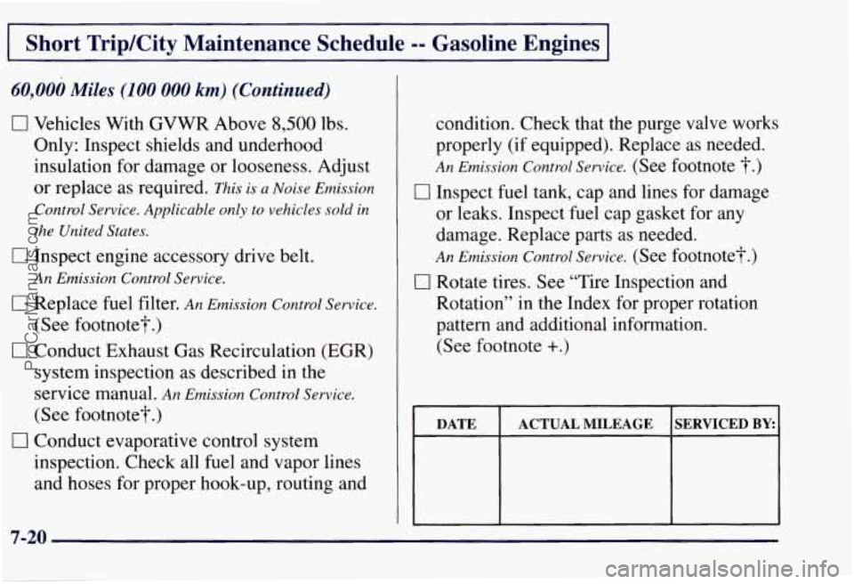 CHEVROLET SUBURBAN 1997  Owners Manual Short TripKity  Maintenance  Schedule -- Gasoline  Engines 
60,000 Miles (100 000 km) (Continued) 
0 Vehicles  With  GVWR  Above 8,500 lbs. 
Only: Inspect shields  and underhood 
insulation for damage