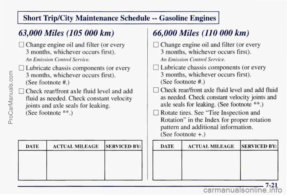 CHEVROLET SUBURBAN 1997  Owners Manual I Short  Trip/City  Maintenance  Schedule -- Gasoline  Engines I 
63,000 Miles (105 000 km) 
0 Change engine oil  and filter (or every 
3 months,  whichever  occurs first). 
An Emission Control Servic