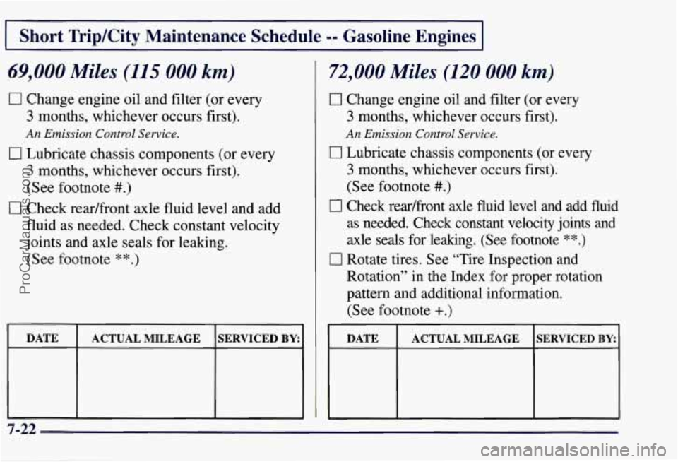CHEVROLET SUBURBAN 1997  Owners Manual Short Trip/City  Maintenance  Schedule -- Gasoline  Engines 
69,000 Miles (115 000 km) 
0 Change engine oil  and filter (or every 
3 months, whichever occurs first). 
An Emission Control Service. 
0 L