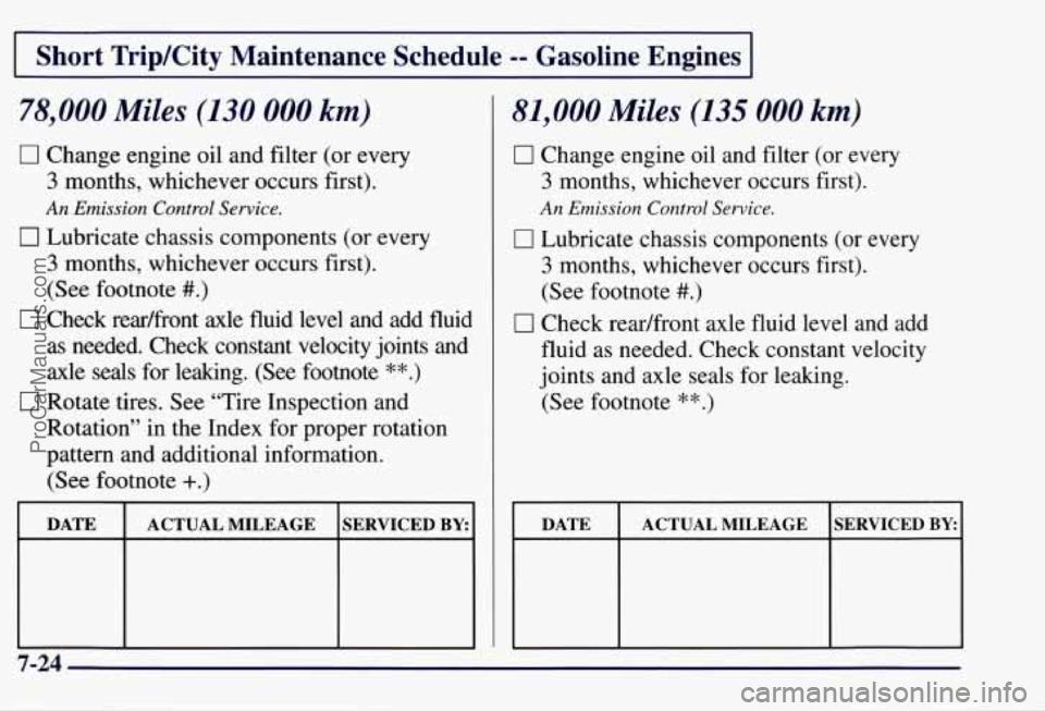 CHEVROLET SUBURBAN 1997  Owners Manual I Short TripKity  Maintenance  Schedule =- Gasoline  Engines I 
78,000 Miles (130 000 km) 
0 Change engine oil  and filter  (or  every 
3 months, whichever occurs first). 
An Emission Control Service.