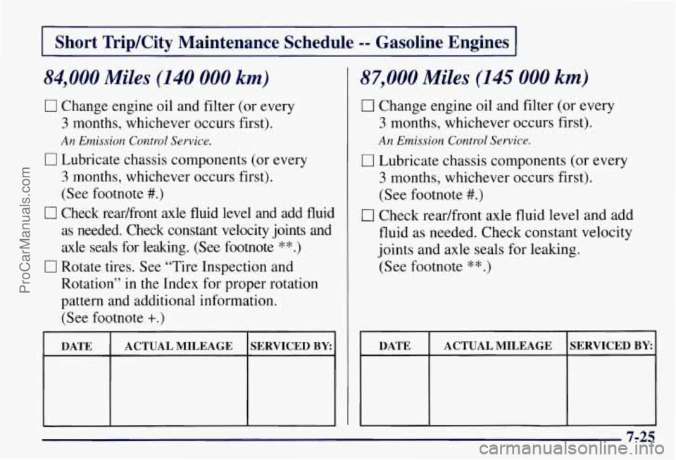 CHEVROLET SUBURBAN 1997  Owners Manual I Short  Trip/City  Maintenance  Schedule -- Gasoline  Engines I 
84,000 Miles (140 000 km) 
0 Change engine oil  and  filter (or  every 
3 months,  whichever  occurs first). 
An Emission  Control Ser