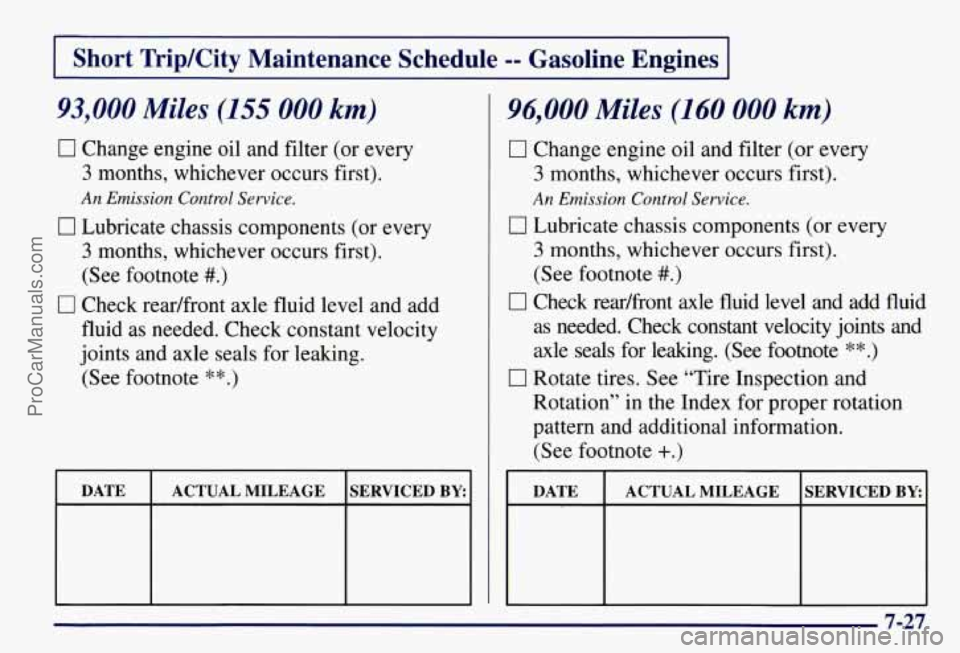 CHEVROLET SUBURBAN 1997  Owners Manual I Short  Trip/City  Maintenance  Schedule -- Gasoline  Engines I 
93,000 Miles (155 000 km) 
0 Change  engine  oil  and filter (or every 
3 months,  whichever  occurs  first). 
An Emission Control Ser