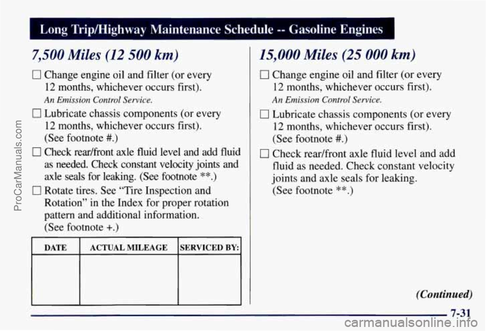 CHEVROLET SUBURBAN 1997  Owners Manual Umg Tripmighway  Maintenance  Schedule -- Gasoline  Engines 
7,500 Miles (12 500 km) 
0 Change  engine  oil  and  filter (or every 
12  months,  whichever  occurs first). 
An Emission  Control Service