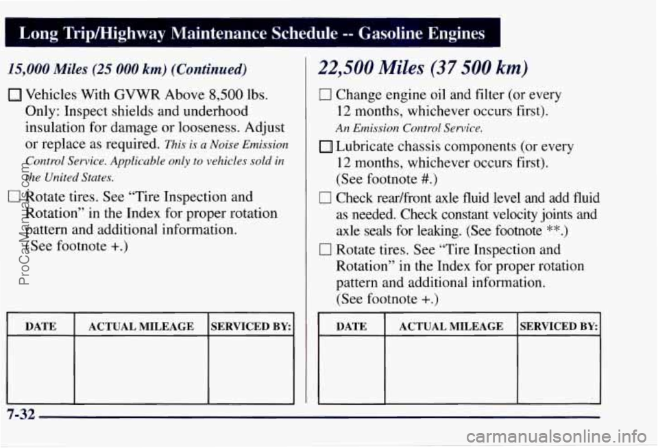 CHEVROLET SUBURBAN 1997  Owners Manual 1 Long  TripMighway  Maintenance  Schedule -- Gas 
15,000 Miles (25 000 km) (Continued) 
Vehicles  With  GVWR  Above 8,500 lbs. 
Only:  Inspect  shields  and  underhood 
insulation  for  damage  or  l
