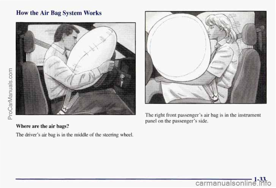 CHEVROLET SUBURBAN 1997 Owners Guide How the Air Bag System Works 
The right front passenger’s  air bag is  in the  instrument 
panel  on the passenger’s  side. 
Where  are  the  air  bags? 
The  driver’s air bag is in the  middle 